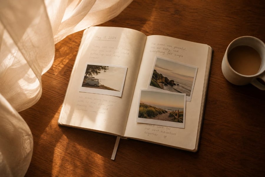Open journal with polaroid photos and a cup of coffee