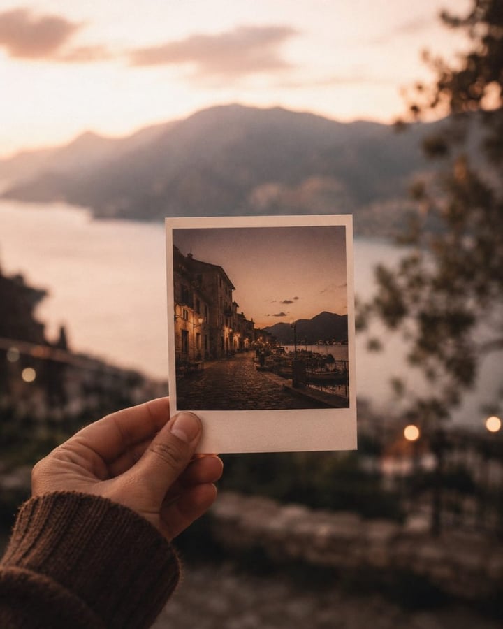 Hand holding a polaroid photograph at dusk