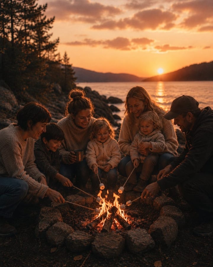 Group of friends around a campfire at sunset